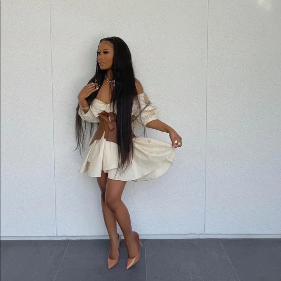 cream dress with brown belt ASTR the Label | Strapless Contrast Belted Dress in Buttercream main image 0